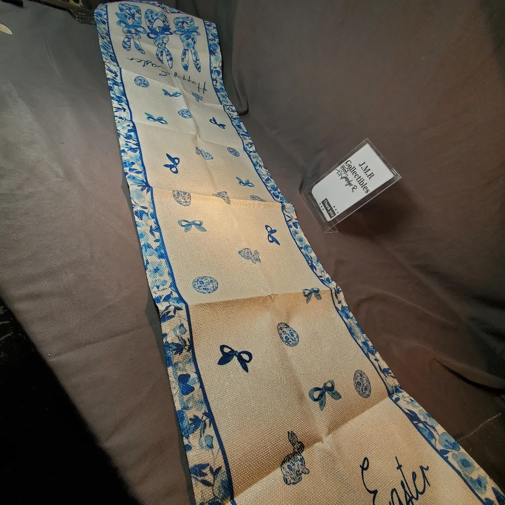 Blue porcelain bunny, happy Easter table runner 13x60 inch - Picture 7 of 10